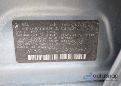 2011 BMW 328I xDrive from USA, damaged, VIN WBAPK5C57BA657952